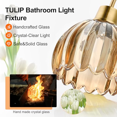 Image of 2-Pack Brushed Gold Bathroom Vanity Light, Single-Head Wall Sconce with Ribbed Amber Tulip Glass Shade, Vintage Bathroom Light Fixtures for Bedroom, Hallway & Bedside (Bulbs Not Included)