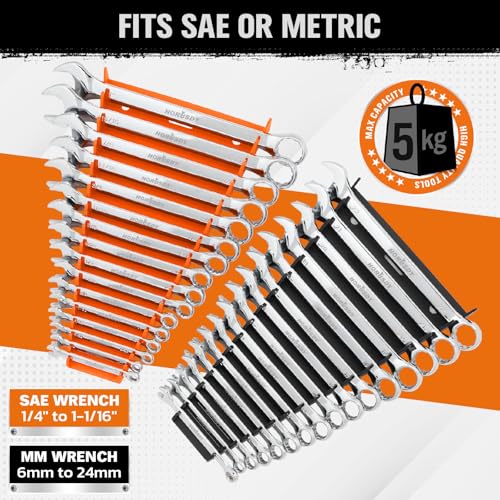 horusdy 2-piece magnetic wrench organizer 32-slot wrench storage rack for toolboxes drawer amp garage sae 1434 - 1-11634 amp metric 6mm - 24mm wrench holder black amp orange 11lbs capacity