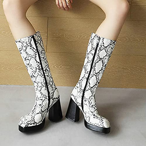 Agodor Women's Snakeskin Knee High Boots Chunky High Heel Platform Animal Print Boots3
