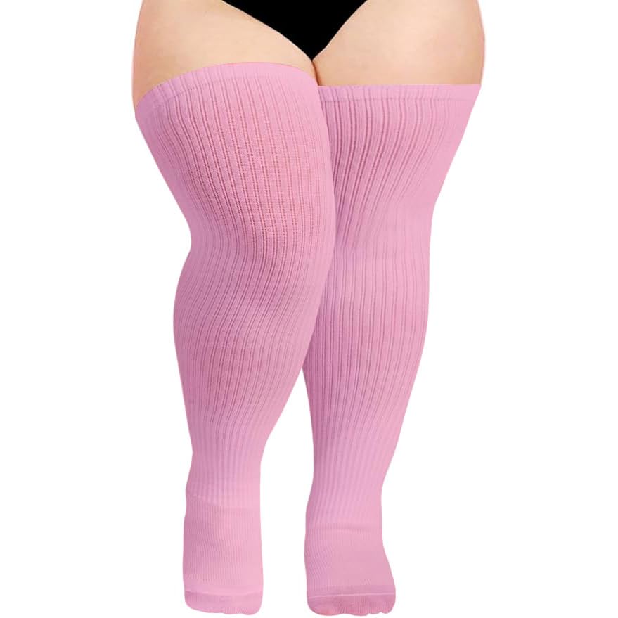 Moon Wood Plus Size Thigh High Socks for Thick Thighs- Womens Knit Cotton Extra Long Over the Knee High Socks Leg Warmer: One Size Plus Pink
