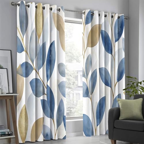 Rideau opaque bleu beige doux avec motif feuille dorée occultant