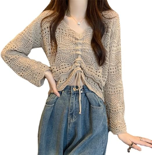 mystify Women®Women Knitted Tops, V Neck Long Sleeve Knitted Sweater Casual Drawstring Hollow Out Breathable for Work for Shopping for Female-picture-26