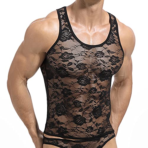 Men's Sexy Vest Lace Muscle Floral Sleeveless Undershirt Semi Transparent Sports Tank Tops2