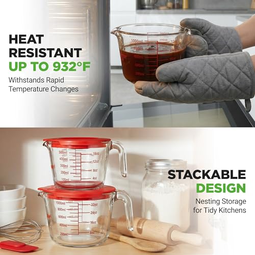 NutriChef 2 and 4 Cups Glass Measuring Cup Set with Lids (17 & 34 oz) - Heat-Resistant Borosilicate Liquid Measure Cups with Easy-Read Scale for Cooking, Baking and Food Storage, Dishwasher Safe by NutriChef - Image 6