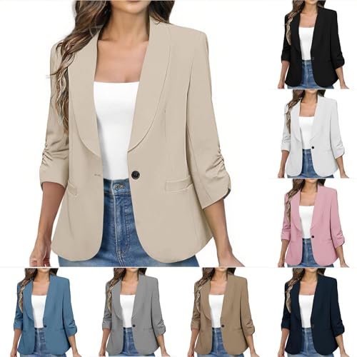 Blazers for Women Business Casual 3/4 Ruched Sleeve Slim Fit Suit Jackets Padded Shoulder Office Work Outerwear