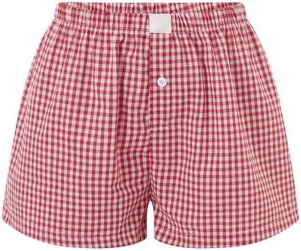 Women Pajamas Shorts Micro Boxer Shorts Y2K Cute Gingham Sleep Lounge Shorts Checkered Plaid Button Pj Mini Shorts