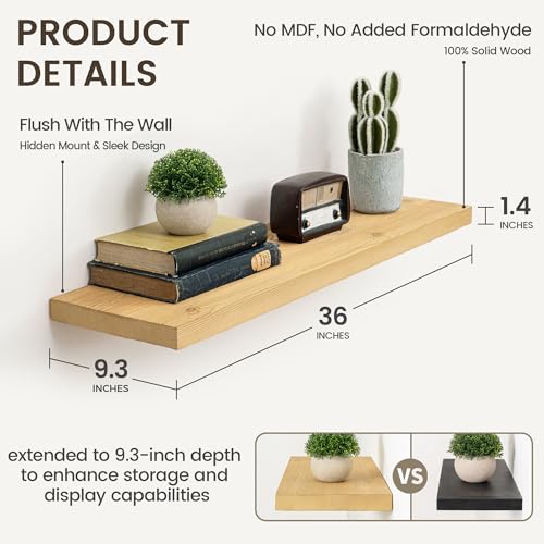 Image of Marsmiles 36 Inch Floating Shelves | 9.3 Inch Deep Natural Wood Shelves Set of 2 | 36''W x 9.3''D Rustic Wooden Wall Mounted Shelves for Farmhouse Living Room Bathroom Bedroom