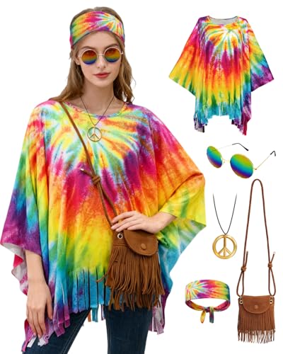 minkasic Womens Hippie Costume Clothes 70s Outfits Tie Dye Poncho with Accessories Fringe Crossbody...