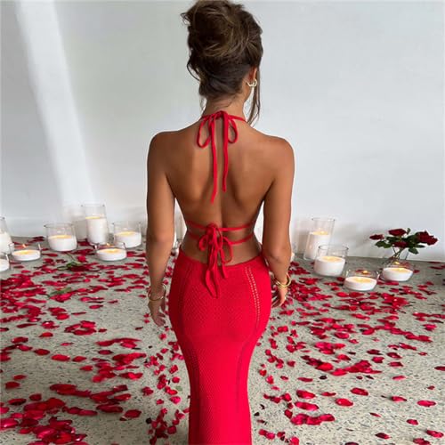 Women Sexy V Neck Bodycon Sweater Dress Knitted Halter Backless Hollow Out Waist Maxi Dress Party Club Long Dresses3