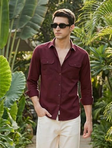 Image of IndoPrimo Men's Cotton Shirt with Stylish Flap Pockets Full Sleeves Spread Collared Neck Solid Pattern Western Style Classic Fit and Standard Length