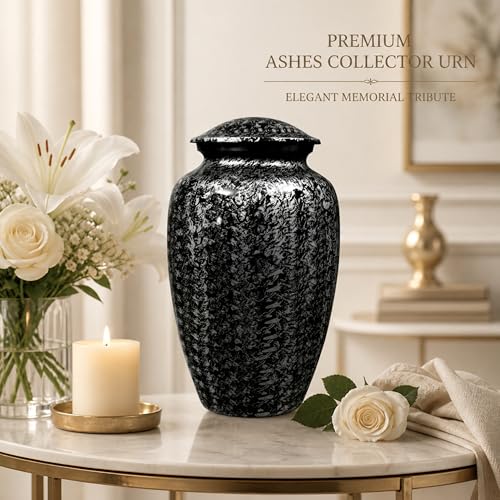 Image of ALPHA Living HOME Handcrafted Urns for Ashes Adult Male & Female - Keepsake Metal Large Memorial Home Decor Urns Marble Finish & Secure Lid Decorative Keepsake (Black White)