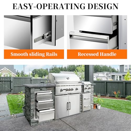 Image of Outdoor Kitchen Drawers 14 inch W x 21 inch H x 23 inch D, Stainless Steel Built-in Drawers, Flush Mount Access BBQ Drawer for Outdoor Kitchens Island, Grill Station