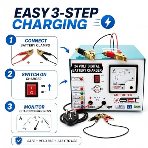 Image of ELISBURRY 24V 10 Amp Auto Cut Double Battery Charger with Analog Amp Meter | Heavy Duty DC Charger for 2 x 12V Lead Acid Batteries | Overcharge Protection | Car, Tractor & Inverter Battery Charging