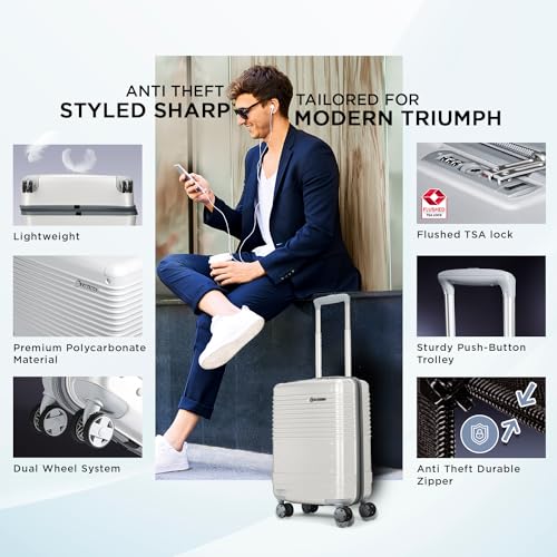 Image of Carlton Alumina | Cabin Trolley Bag, 56 Cm Small Hardsided Luggage | 8 Wheels, TSA Lock | Polycarbonate | Premium Suitcase for Travel | 5 Year International Warranty | Metallic Silver