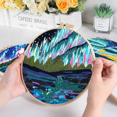 Image of KEKEMEOW 3 Sets Embroidery Kit for Beginners, Stitches with Aurora, Aurora Borealis Embroidery Stitch Practice kit for Adults Craft Lover, Needlepoint Hand Embroidery Kit with Pattern、Instruction、Hoop