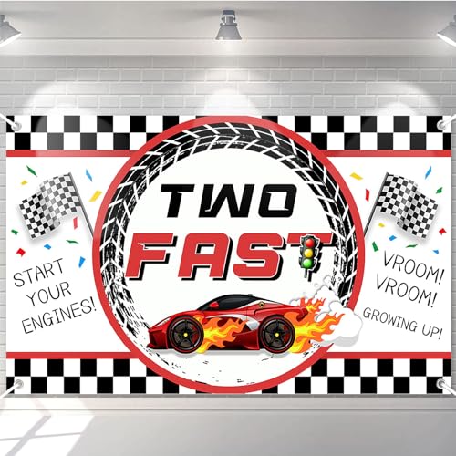 Avezano Two Fast Birthday Banner Red Race Car 2nd Birthday Party Decorations Background Two Fast Backdrop for Boys Children 70.8 x 43.3 Inch