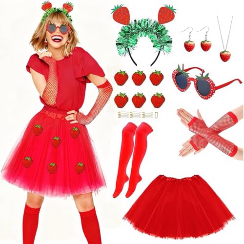 RIRIDAMAI Costume de fraise pour femme - Costume de fruits pour adulte - Tenue fraise - Serre-tête fraise - Lunettes de soleil - Gants - Boucles d'oreilles -...