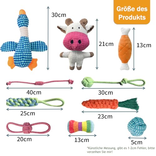 SUNFATT 10 Stück Hundespielzeug Set für Welpen & kleine Hunde – Robustes Welpenspielzeug aus 100% Baumwolle & Plüsch – Hundespielzeug Seil & Quietschend zur Zahnpflege – Waschbare Erstausstattung