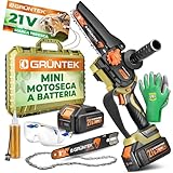 GRÜNTEK Mini Motosega a Batteria 21V Brushless – Kit Motosega Elettrica con 2 Batterie 3,0 Ah, 2 Catene, Lubrificazione Automatica, Valigetta e Accessori – Potente e Compatta per Giardino