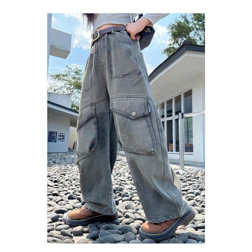 Kids Girls Jeans Distressed Star Applique Elastic Waist Baggy Wide Leg Denim Pants Y2k Streetwear Pockets Trousers4