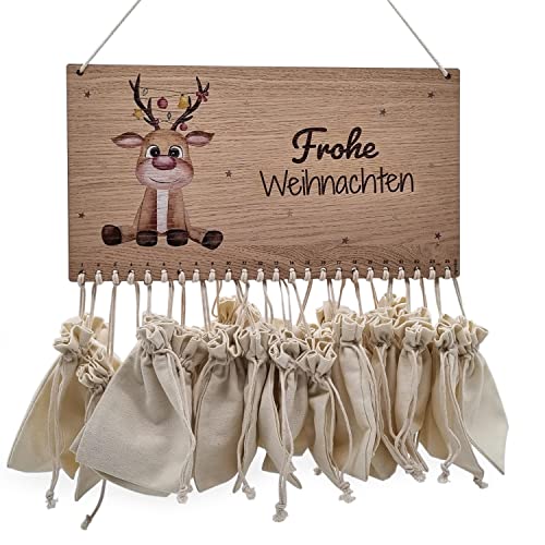 signodoo Rentier Adventskalender zum Befüllen - Inkl. 24 Geschenksäckchen - Für Kinder und Erwachsene - Holz - Eichenfurnier - Geschenk Kalender - Weihnachten - BxH: 35,0 x 19,0 cm Cover