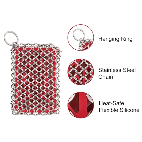 Image of HIC Kitchen Chainmail Cast Iron Scrubber, 18 /8 Stainless Steel and Silicone