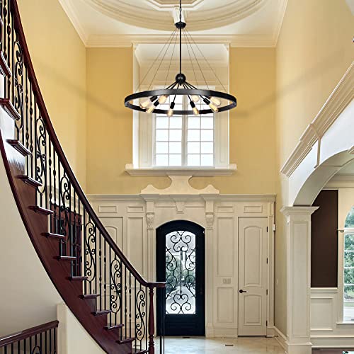 Zxfdwb 38.2'' Large Farmhouse Wagon Wheel Chandelier For Living Room, 8-Light Rustic Round Metal Light Fixtures For Dining Room Entryway Kitchen Island, Vintage Black Finishes #TOP2