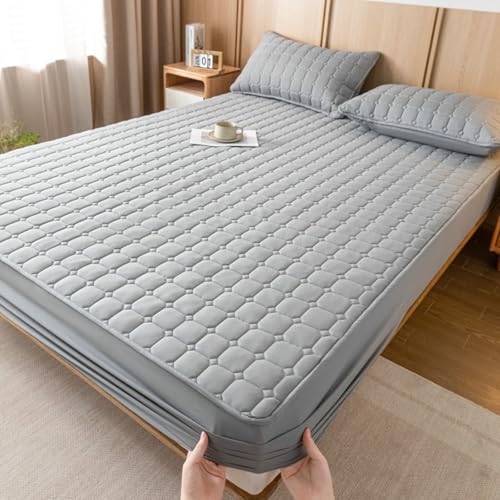 Sábana bajera ajustable, color liso con patrón geométrico, algodón lavado, suave, cómoda, gris claro, 218 cm de largo x 198 cm de ancho, 1 pieza