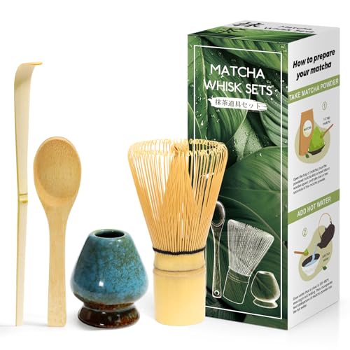 4 Pièces Matcha kit ceremonie japonais, Fouet matcha naturel, Cuillère en bambou, pelle en bambou, Porte-Fouet, Coffret matcha pour la cérémonie du thé, la boisson - Bleu rêveux
