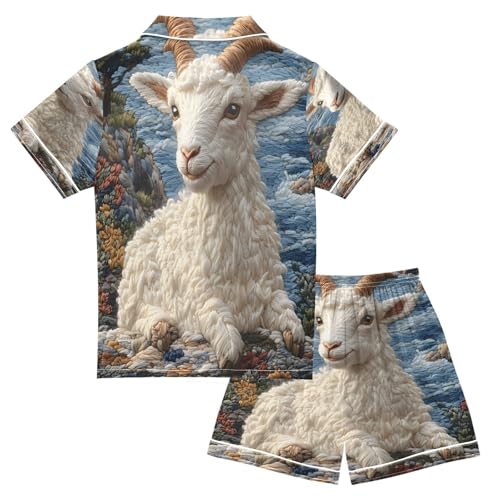 ALAZA Goat Sheep Flower Blossom Art Satin Pajamas Set Short Sleeve Button Down Sleepwear Summer Pjs 2 Piece2