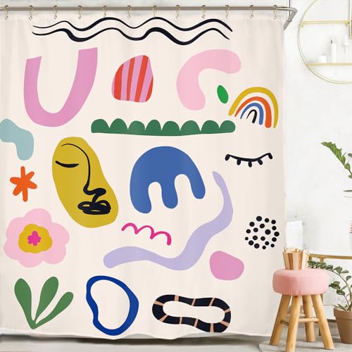 Image of Miyotaa Aesthetic Minimalist Abstract Terracotta Shower Curtain Set 60Wx71H Inches Cute Modern Doodle Boho Chic Polyester Waterproof Cloth Bathroom Curtain with 12 Hooks