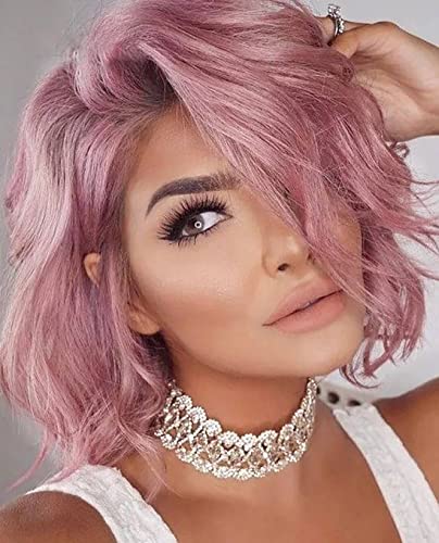 LANOVA Fashion Pink Wigs for Women Flawless Short Wig Loose Curly Pink Wigs Synthetic Pink Hair Wig Middle Part Pink Wigs for Party LANOVA-125