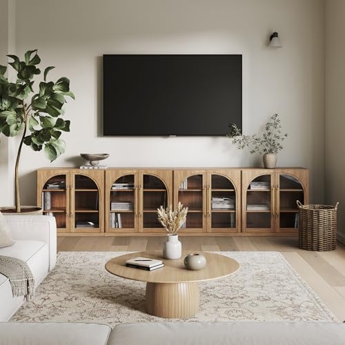Image of BELLEZE Set of 4 Modular Sideboard with Arched Glass Door, 130'' Accent Display Buffet Cabinet with Storage and Adjustable Shelves,Classic Modern Credenza for Living Room Kitchen Entryway (Camel)