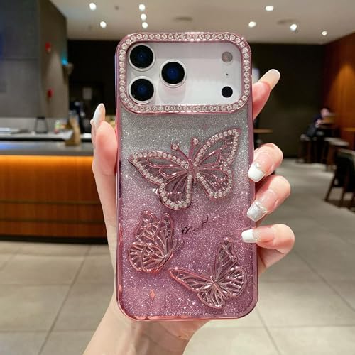 FIFTHAVE Funda para iPhone 15 Pro Max con diamantes, ultrafina, de TPU, con brillantes brillantes, funda protectora para iPhone 15 Pro Max Luxuxs con mariposas, para niñas, mujeres, esthetic Case