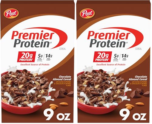 Post Premier Protein Chocolate Almond cereal, high protein-rich breakfast cereal or snack made with real almonds, 9 Ounce - 1 count (Pack of 2)