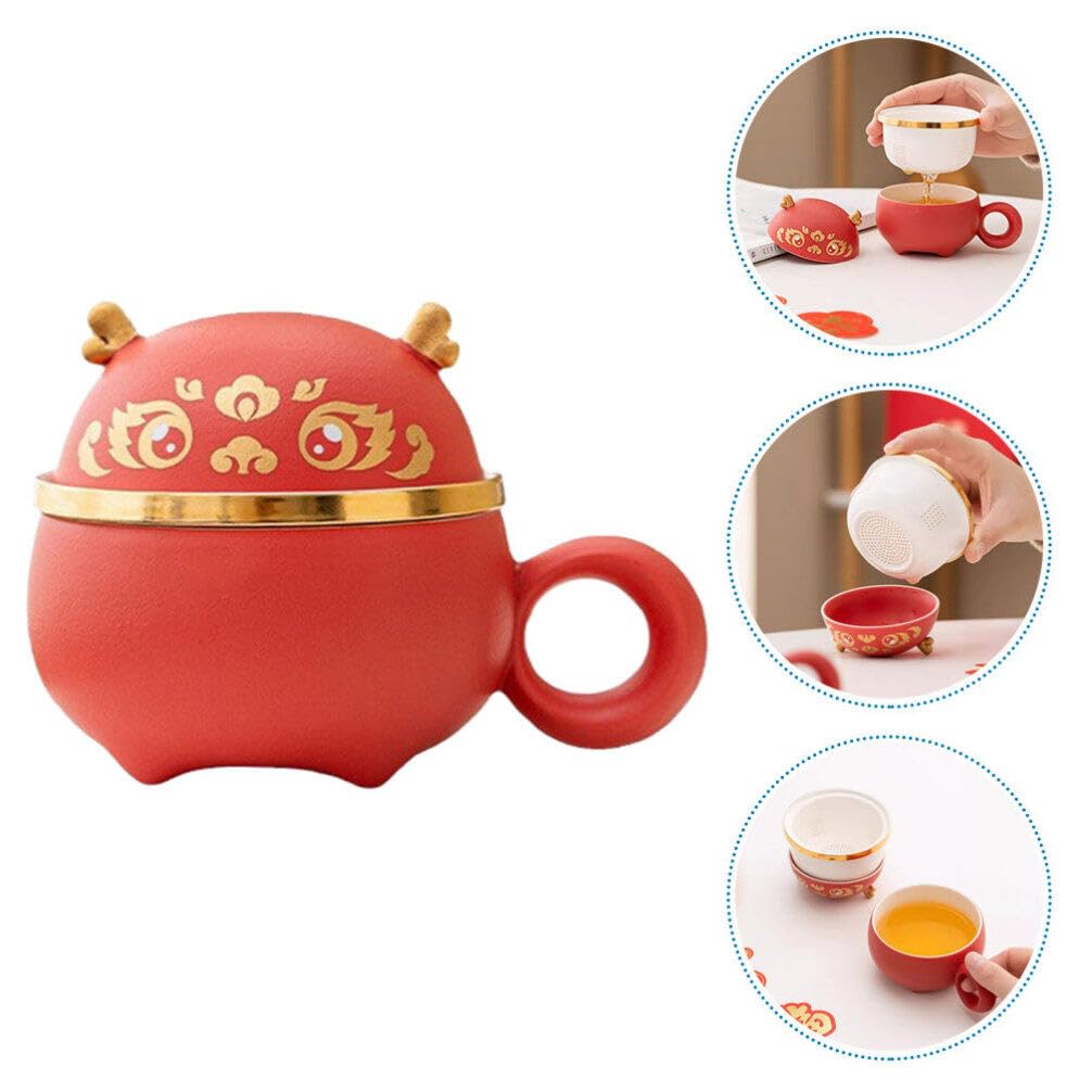 STOBAZA Tazza da Tè in Ceramica 140ml Filtro, Coperchio Rosso