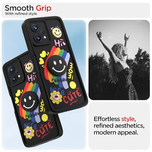 Image of Pikkme Back Cover for Realme 9 Pro 5G | Soft Silicone| Cute Rainbow Smile & 3D Cartoon Flower Design | Shockproof Raised Camera Protection Bumper Case (Black)