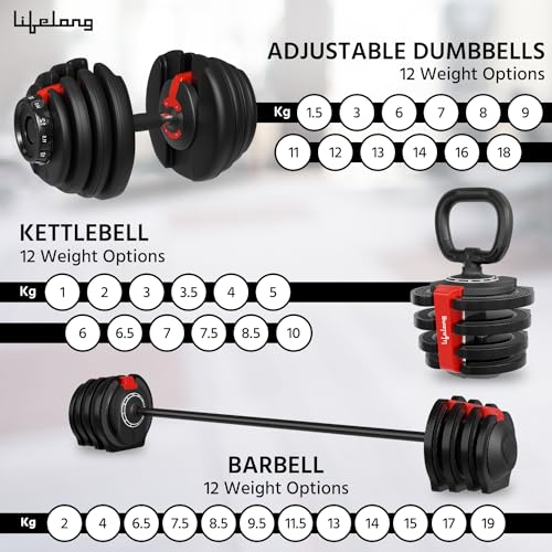 Image of Lifelong Iron 3 In 1 Adjustable Dumbbell-1.5 Kg-18 Kg Weight Adjustment,2 Kg-19 Kg Barbell Extension,1 Kg-10 Kg Kettlebell-Easy Adjustments-Fitness Workout Home Gym Equipment For Men&Women,Black