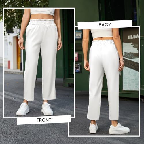 SEMARO Womens Casual High Waisted Linen Feel Pants Tapered Vacation Lounge Pants Trousers with Pockets White3
