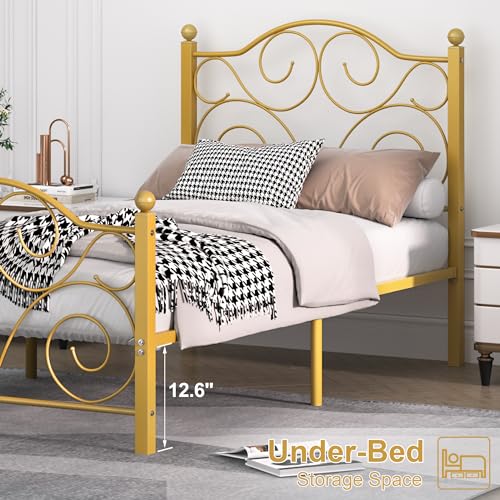 Image of VECELO Twin Size Bed Frame with Headboard and Footboard, Heavy Duty Metal Slat Support, Platform Mattress Foundation, No Box Spring Needed, Easy Assembly, Gold