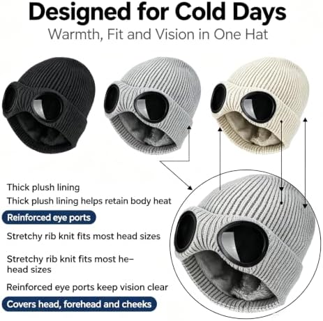 Beanie with Goggles, Unisex Knit Beanie with Goggle Hat (2pcs-1) - 5