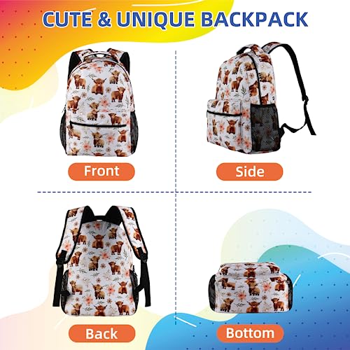 Highland Cow Backpack for Girls Boys, Elementary Middle High School Bookbags for Teen Kids, Large Travel Laptop Back Packs for College Students, Durable Lightweight School Bag, Highland Cattle Pattern2
