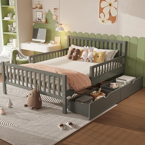 Image of Bellemave Kids Full Bed Frame with Storage Drawers and Both Sides Guardrails, Kids Platform Bed with Headboard and Slat Support, Grey
