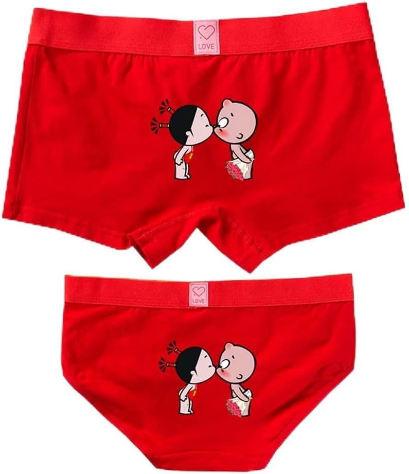Underpants Female Couple Underwear Cotton Suit Briefs Natal Year Red Boxer Male(Male large female medium)