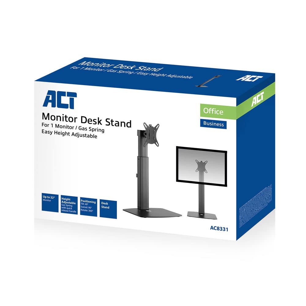 ACT Braccio singolo per monitor con molla a gas fino a 32", VESA 75/100 mm, supporto per monitor, inclinazione girevole a 40°, rotazione di 90° a 360°, peso max. 7 kg – AC8331