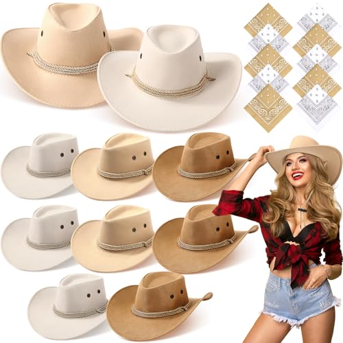 Coume 10 Set Cowboy Hat and Bandana for Women Men 10 Cowgirl Cowboy Hat Bulk 10 Western Bandanas for Adult Costume Party(Light Yellow White Vintage Style)