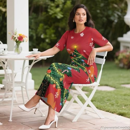 Image of Polynesian Dress for Women Short Sleeve High Waist Maxi Skirt | Puletasi dress, t-shirt and skirt two-piece, elastic material, lightweight, soft, plus size, luau party, wedding, clubwear
