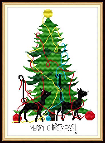 YEESAM ART Cross Stitch Kits Stamped For Adults Beginner Kids, Christmas Tree Trick Or Treat Cats 11CT 34×45cm DIY Embroidery Needlework Kit With Easy Funny Preprinted Patterns Needlepoint Christmas