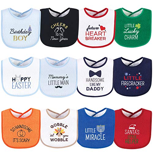 Image of Hudson Baby Unisex Baby Cotton Terry Drooler Bibs with Fiber Filling, Cute Boy Holiday Sayings, One Size