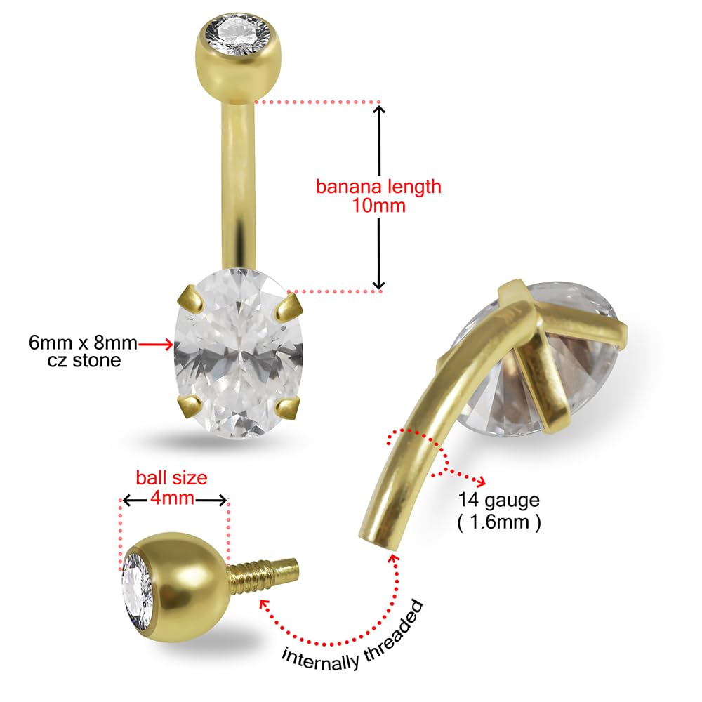 Piercing para ombligo de oro amarillo macizo de 14 quilates, piedra ovalada, calibre 14, con rosca interna, para ombligo, joyería para el ombligo, joyería para el ombligo, joyería para